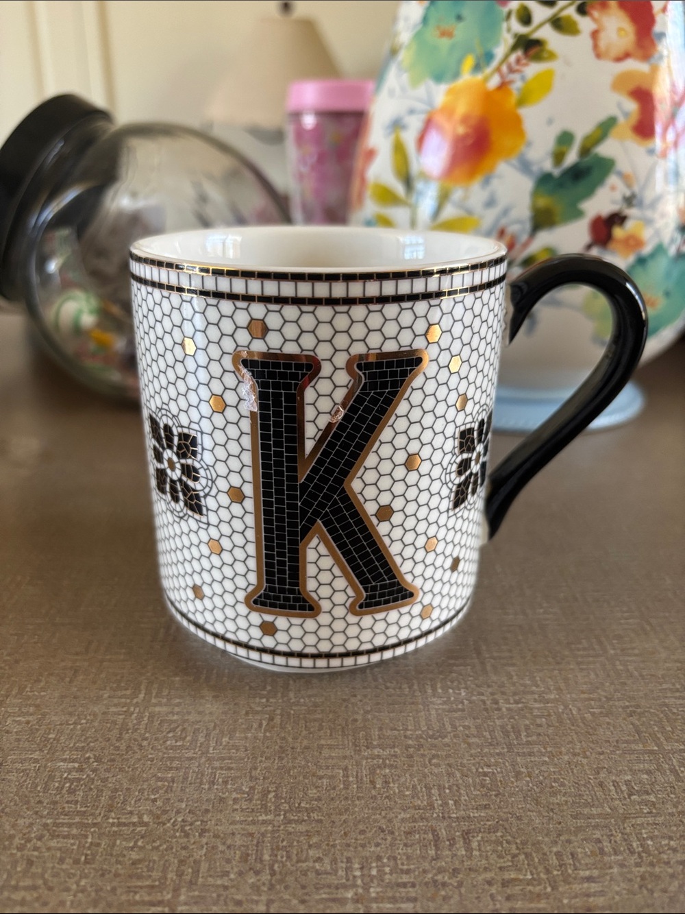 Anthropologie White, Black & Gold 'K' Monogram Mug